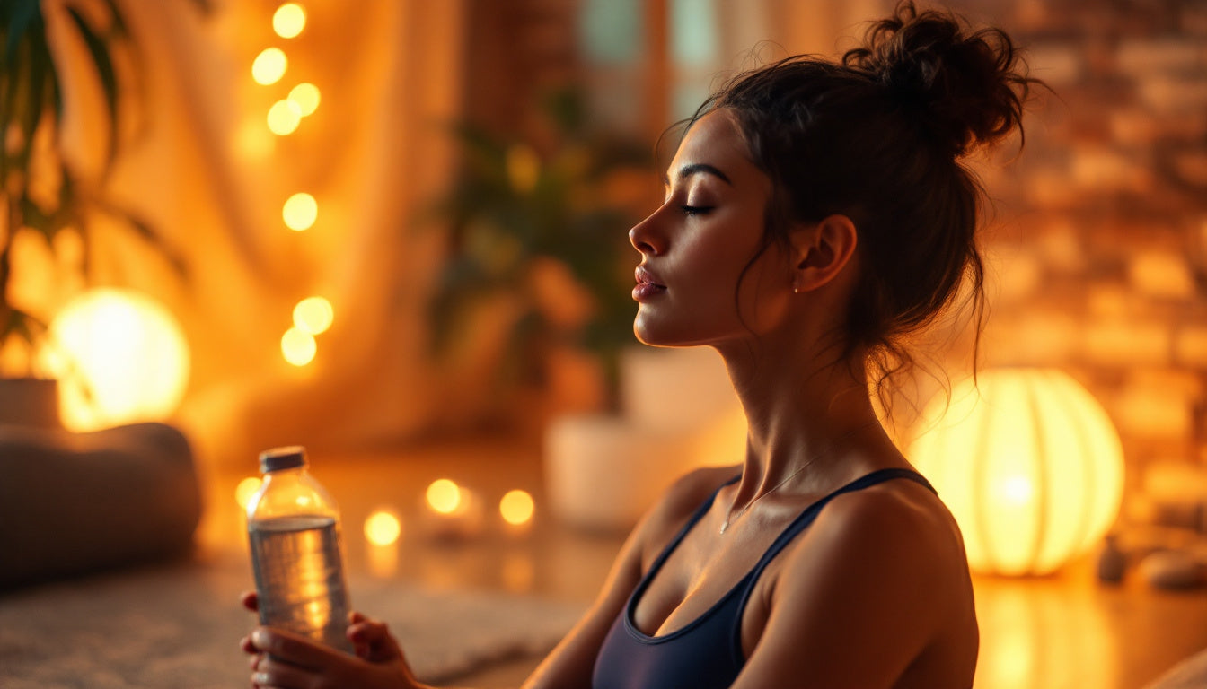 Woman performing yoga with a water bottle 