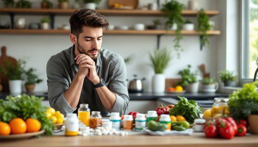 Young man looking over vitamin supplements
