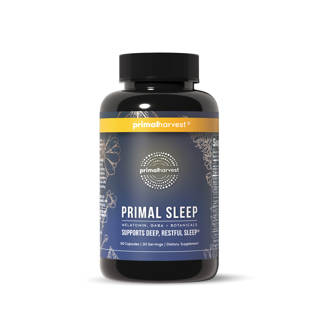 Supplement bottle labeled 'Primal Sleep' by Primal Harvest
